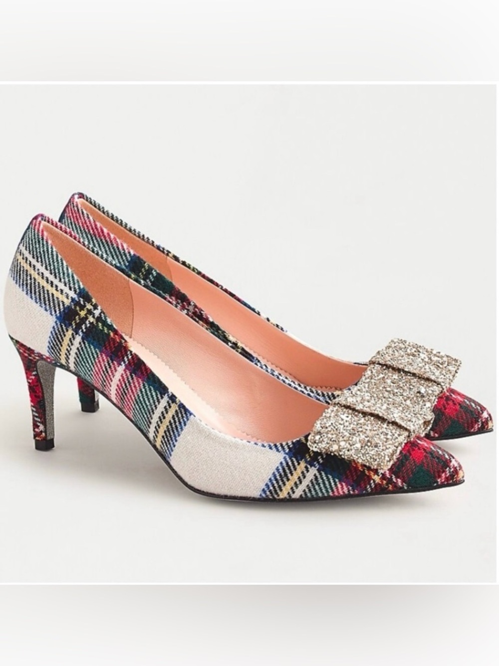 J Crew Colette pumps in snowy Stewart tartan with glitter bow detail